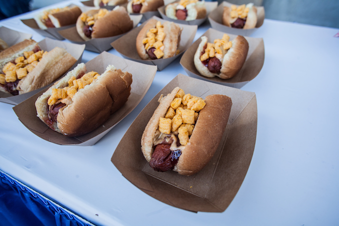 bacon wrapped hot dog with jam and captain crunch