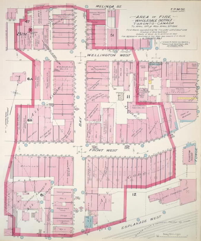 1904 - Shows buildings destroyed or damaged in the great fire of 1904 in the Bay - Wellington - Esplanade area