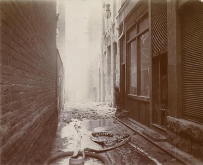 1904 - aftermath of fire, lane, e. side of Telegram Building.