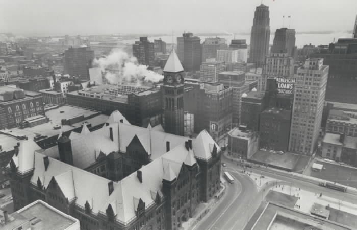 1966 - Looking southeast; visitors to the observation platform will get this view of the controversial old city hall from the new