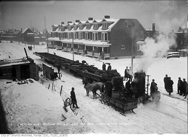 1914 - jan 23 - St. Clair Avenue - Wells Hill bridge, delivering steel copy