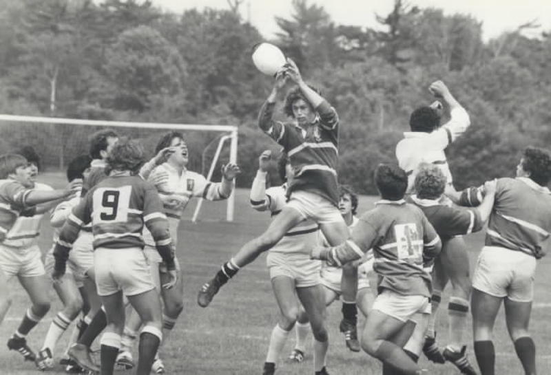 1982 - This Chinguacously player went high up for the ball during this line out in the game against Monarch Park at North York's Sunnybrook Park yesterday