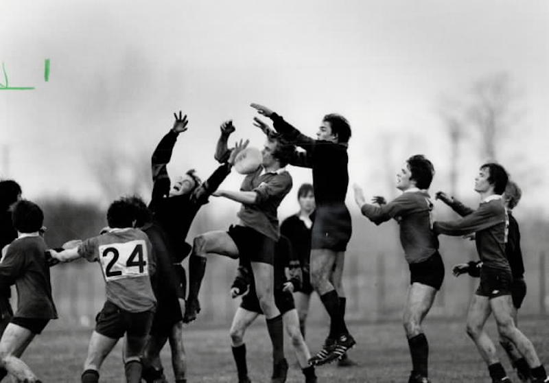 1983 - Players from Brecon College in Wales (light tops) play Dunbarton High School rugby team on return of visit