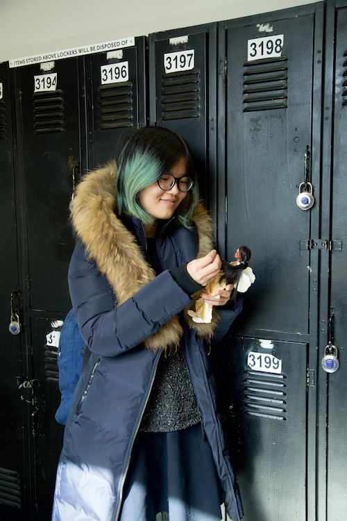 Holding a Stop Motion puppet at school