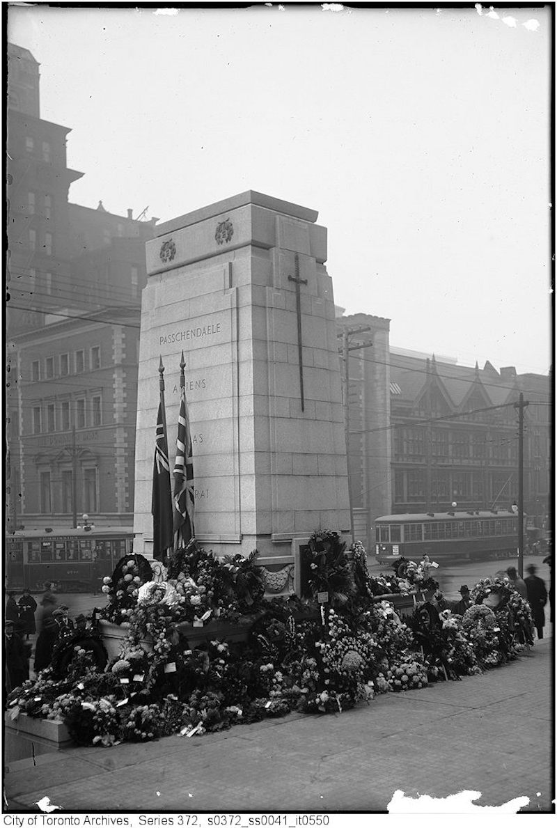 1925 - Nov 11 - Cenotaph, City Hall - from north east two street cars on Queen Street in background