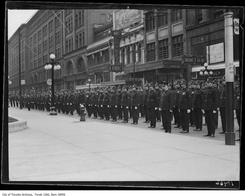 1929 - Oct 20 - Police parade, line of police on Queen Street