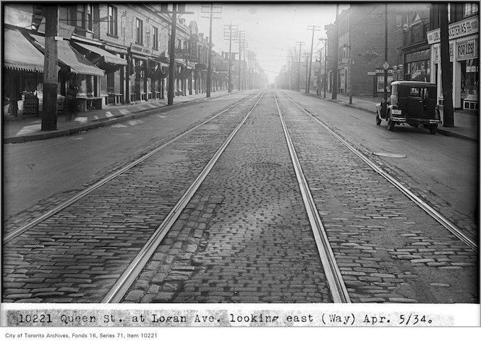 1934 - April 5 - Queen Street, at Logan Ave, looking east