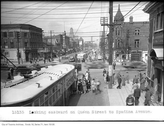 1945 - Looking eastward on Queen Street to Spadina Avenue