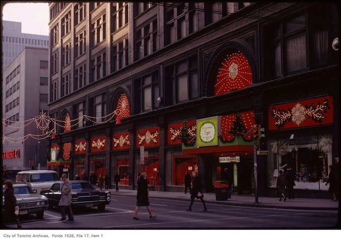 1973 - Nov. 22 View of front of Simpson's with holiday decorations, Yonge and Queen Street West