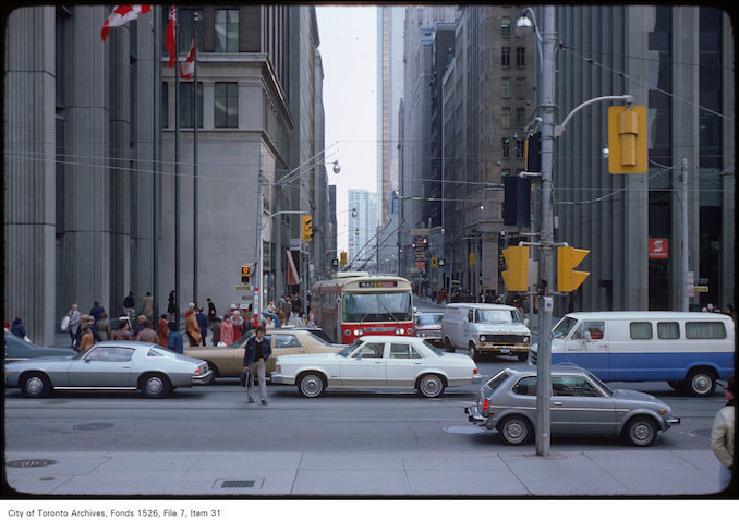 1977 - April 5 - View of traffic at the corner of Bay and Queen Street, view from Old City Hall