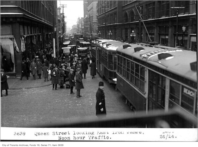 1924 - Dec 24 - Vintage Queen Street, looking east, from James, noon hour traffic