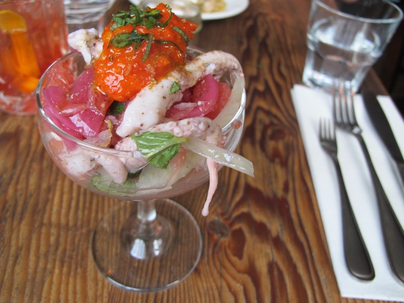 Polipo Crudo; sous vide octopus with fennel, grapefruit, pickled pepper puree, pickled onions, mint
