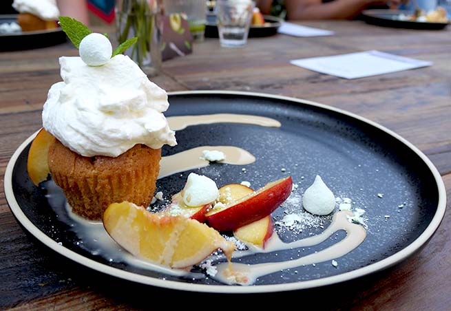 Peach Meringue Sponge Cake With Caramel Drizzle