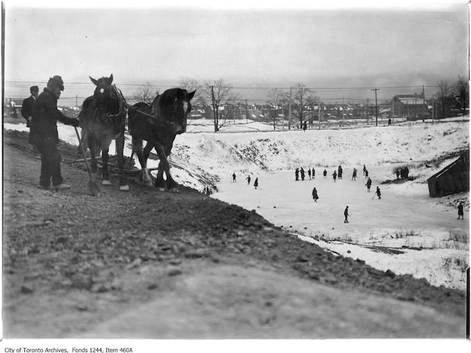 1909? - Skaters and workmen at Christie Pits - Old Hockey Photographs