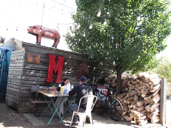 Day 3, patio lunch stop at Mercury Burger and Bar in Corktown. On Open Streets Detroit route.