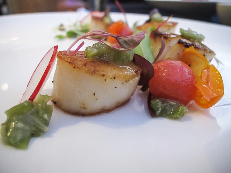 Pan Seared Wild Sea Scallop - Served with Miso-Remoulade sauce, microgreens, red radish and cherry tomato confit