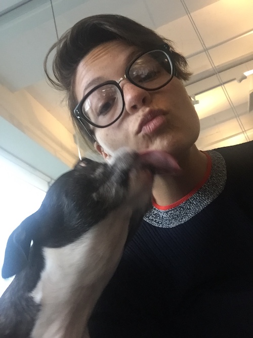 Getting kisses from Lenny, the world’s most enthusiastic and best-behaved set dog, during a wardrobe fitting for a Hyundai commercial.