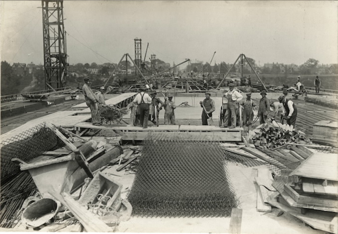 1917 - June 25 - Construction workers on Bloor Street Viaduct, Deck looking east
