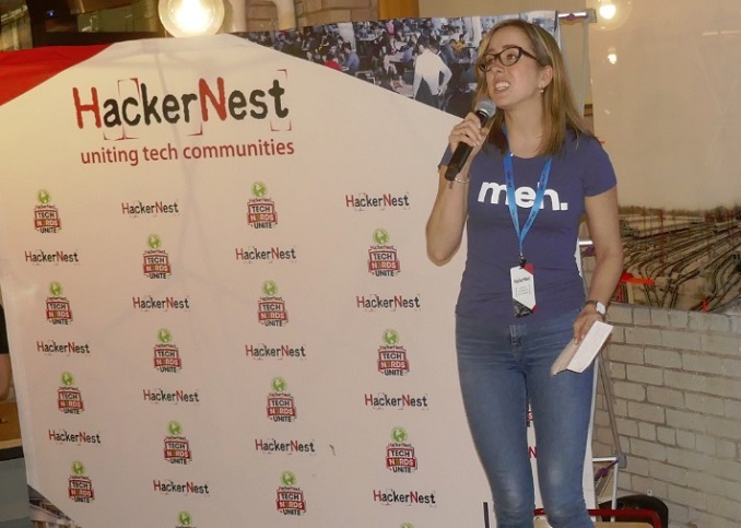 Organizer begs crowd for quiet as the Sponsors wait to speak at HackerNest Toronto - Photo by Rob Campbell