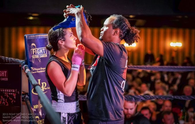  Paige Cunningham with her coach, Virgil Barrow before her fight in the 2015 Fight To End Cancer Gala. [Photo Courtesy of Spencer Wynn Photography]