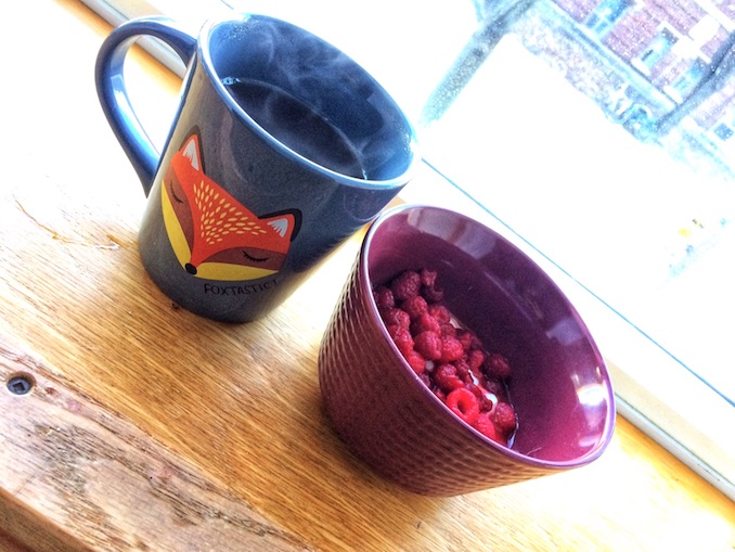 The breakfast of champions. Or at least the breakfast of me. Yogurt and raspberries, and a nice cup of tea. In a fox mug. The fox mug is important.