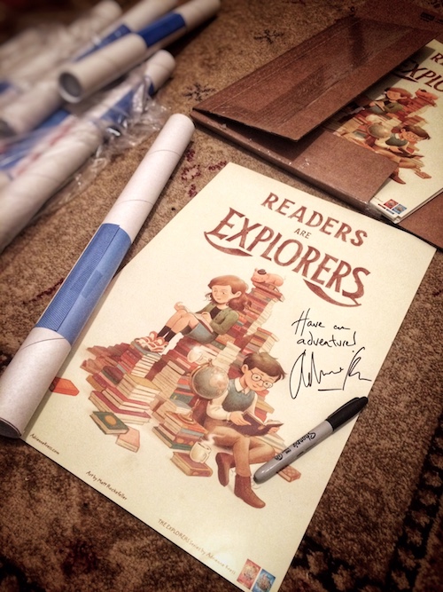 Signing and sending off posters created by Matt Rockefeller with the characters from The Explorers. These are going all over the world to various librarians, teachers and book store owners!
