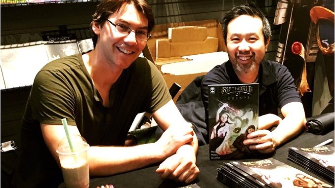 Jonathan Williams and Daniel Wong sign the first issue of Riftworld Legends at Silver Snail comic shop, 28 Feb 2018