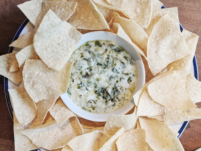 Kale and Artichoke Dip: with warm tortilla chips