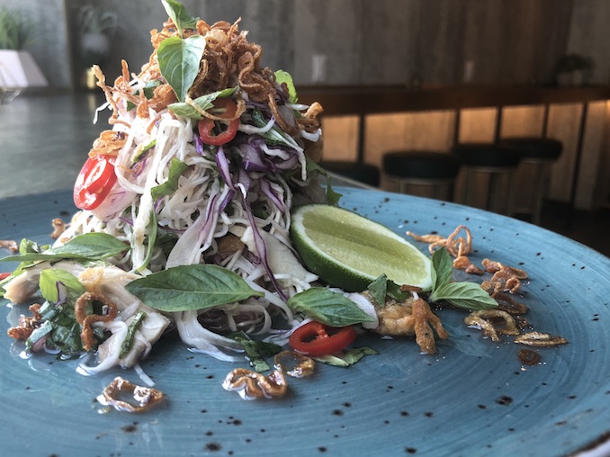 Founder Bar - Deb’s Chicken Salad - Pho poached cold chicken, fish sauce, cabbage, jalapeno, cilantro, crispy skins, lime
