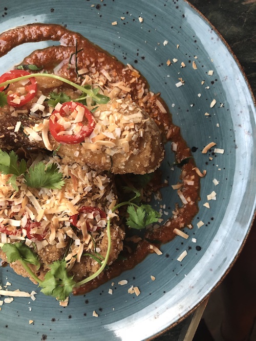 Founder Bar - Green Curry Fried Chicken - Tom yum sauce, rice flour, cilantro, lime leaf, chili, toasted coconut
