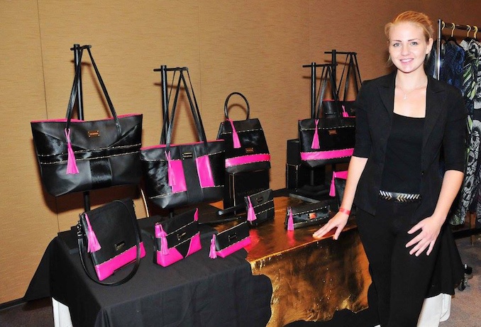 Diana Von Gruning displaying her spring:summer 2018 line of leather accessories at the Toronto Fashion Incubator Press and Buyers Trade Show 2017.