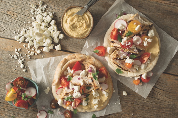 Recipe for Grilled Chicken and Rainbow Tomato Pitas with Goat Cheese