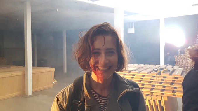 Kaitlyn Riordan - On set after performing a death scene in the film Nightshooters, 2017