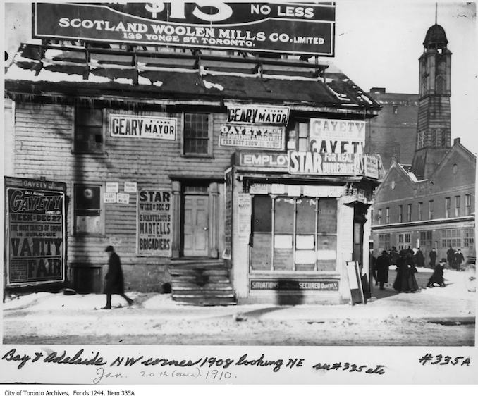 1910 - Bay Street and Adelaide Street West, northwest corner, looking northeast