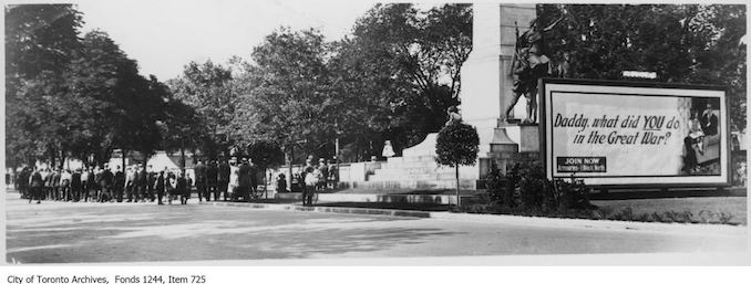 1915? - Recruiting billboard at South African War Monument, University Avenue