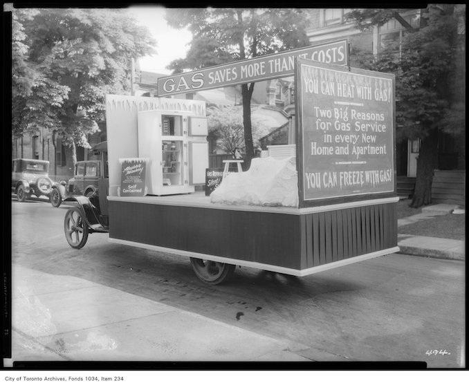 1926 - Truck mounted with commercial gas refrigerator and promotion signs