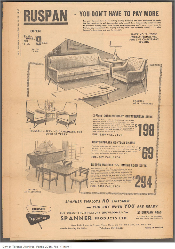 1959 - Ruspan furniture advertisement, Toronto Telegram