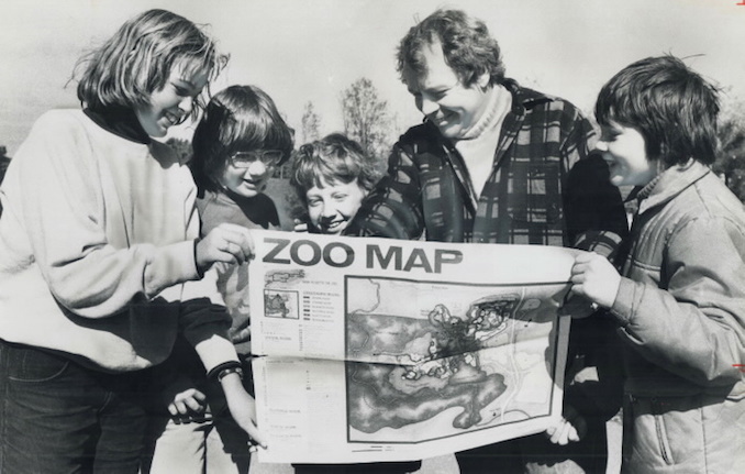 1976 - Mayor David Crombie, his sons, Jonathan, 10, and Robin, 11, and friends, Glenda Reid, 11, and David Ross, 8. Crombie's son want him to take over the zoo.