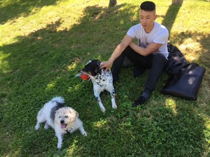 Taking a break to spend some time with our dogs, Mila (on the left) and Jes