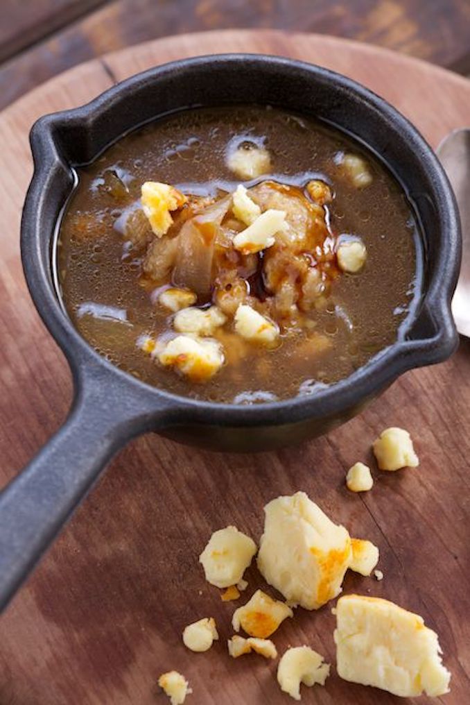 Fire Roasted Onion Soup with Smoked Apple Wood Cheddar Dumplings