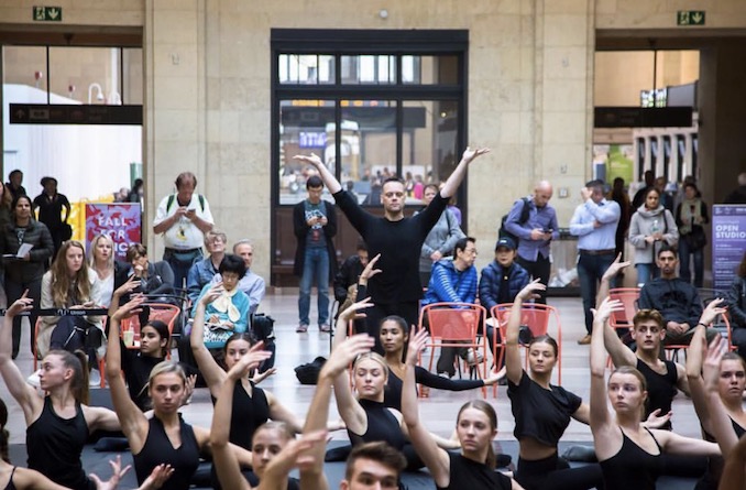 Me teaching a modern dance class with the Ryerson students at Union Station as part of the Fall for Dance North Festival 2018 (photo: Marlowe Porter)