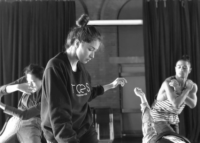 Miyeko Ferguson - A candid of the cast working in Canadian Stage’s rehearsal hall for Red Sky Performance’s Trace. (Left to right: Julie Pham, me, and Eddie Elliot.)