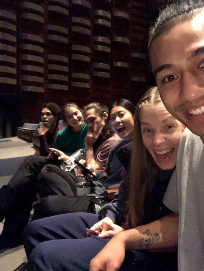 The cast of Red Sky Performance about to start tech rehearsal for Adizokan at the Sony Centre as part of Fall for Dance North in October 2018. (Left to right: Cameron Fraser-Monroe, me, Jera Wolfe, Julie Pham, Lonii Garnons-Williams, and Eddie Elliot.)