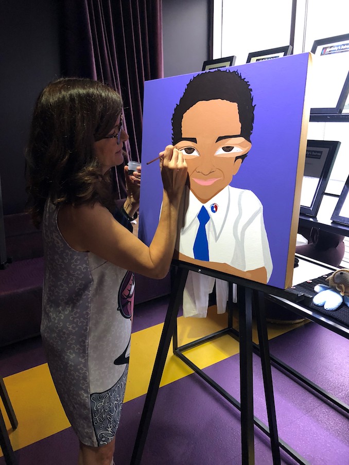 Michelle Vella painting a portrait of Malachy O’Reilly Wilks at Malachy’s Soiree 2018 Charity Gala.