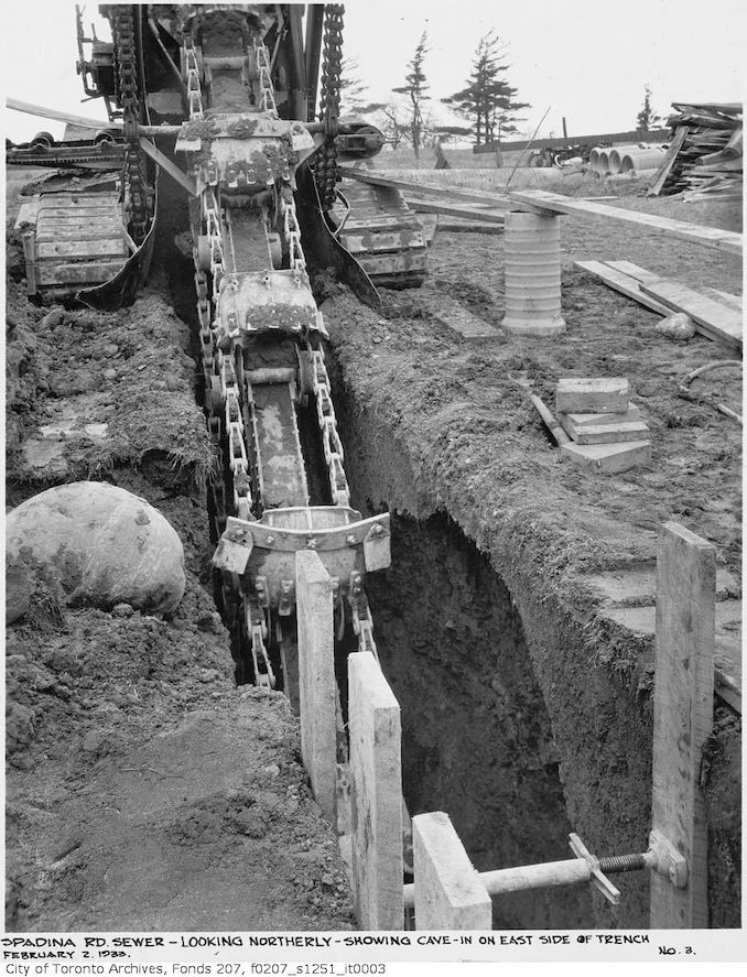 1933 - Spadina Rd. sewer, looking northerly, showing cave-in on east side of trench