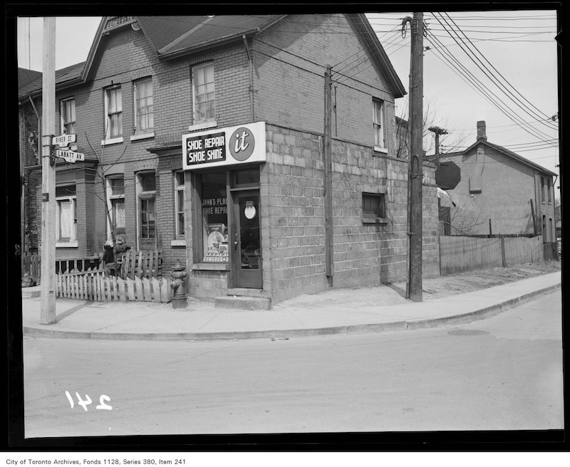 1950? - Shoe repair shop at corner of River Street and Labatt Avenue