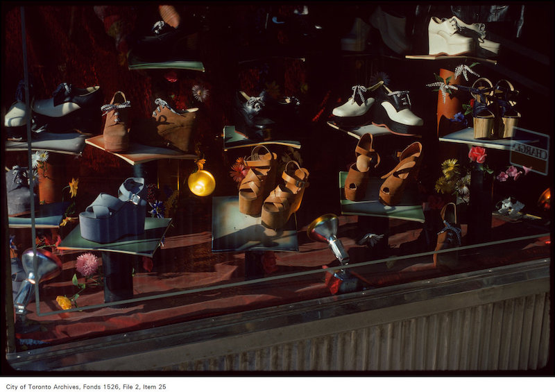 1975 - june 4 - View of shoe store window display on the west side of Yonge Street, north of Wellesly copy