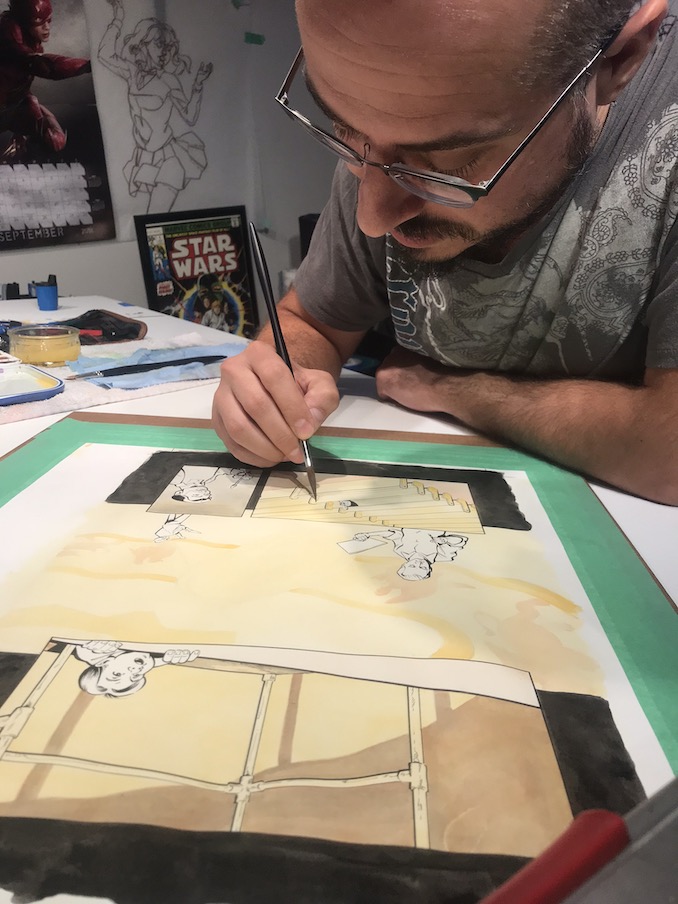 Nelson Caetano - Adding watercolour to one of the final pages of The Gathering Place.