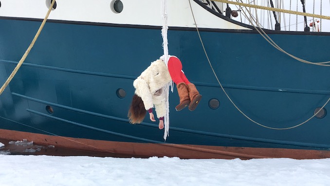 Anchored to a northern ice pack in the arctic, rigged off a tall ship for the Arctic Circle Residency working on Melting, Mourning and A Series of Impossible Tasks (photo Justin Levesque)