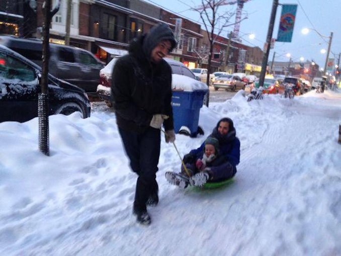 Me as husky: pulling Aviva and Huxley through the Toronto snow.